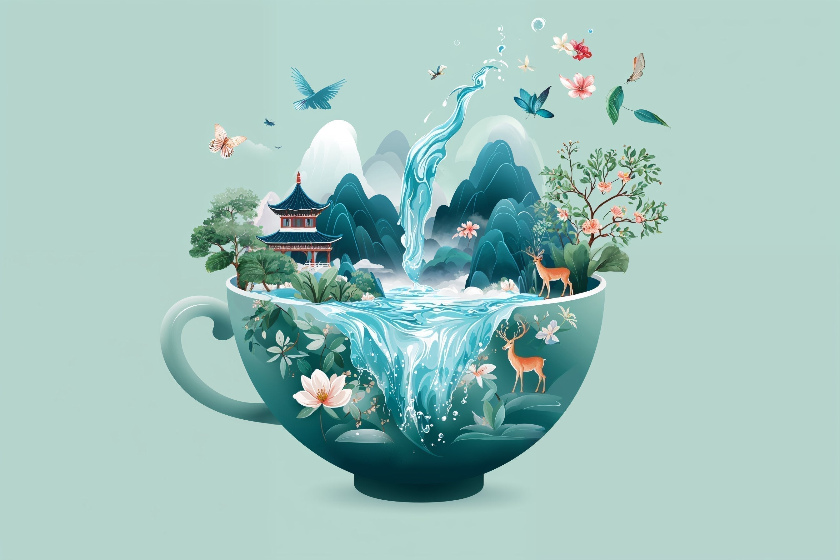 Die beliebtesten Teesorten der Welt. Eine Vektorgrafik mit einer Tasse Tee, in der die "Welt des Tees" schwimmt