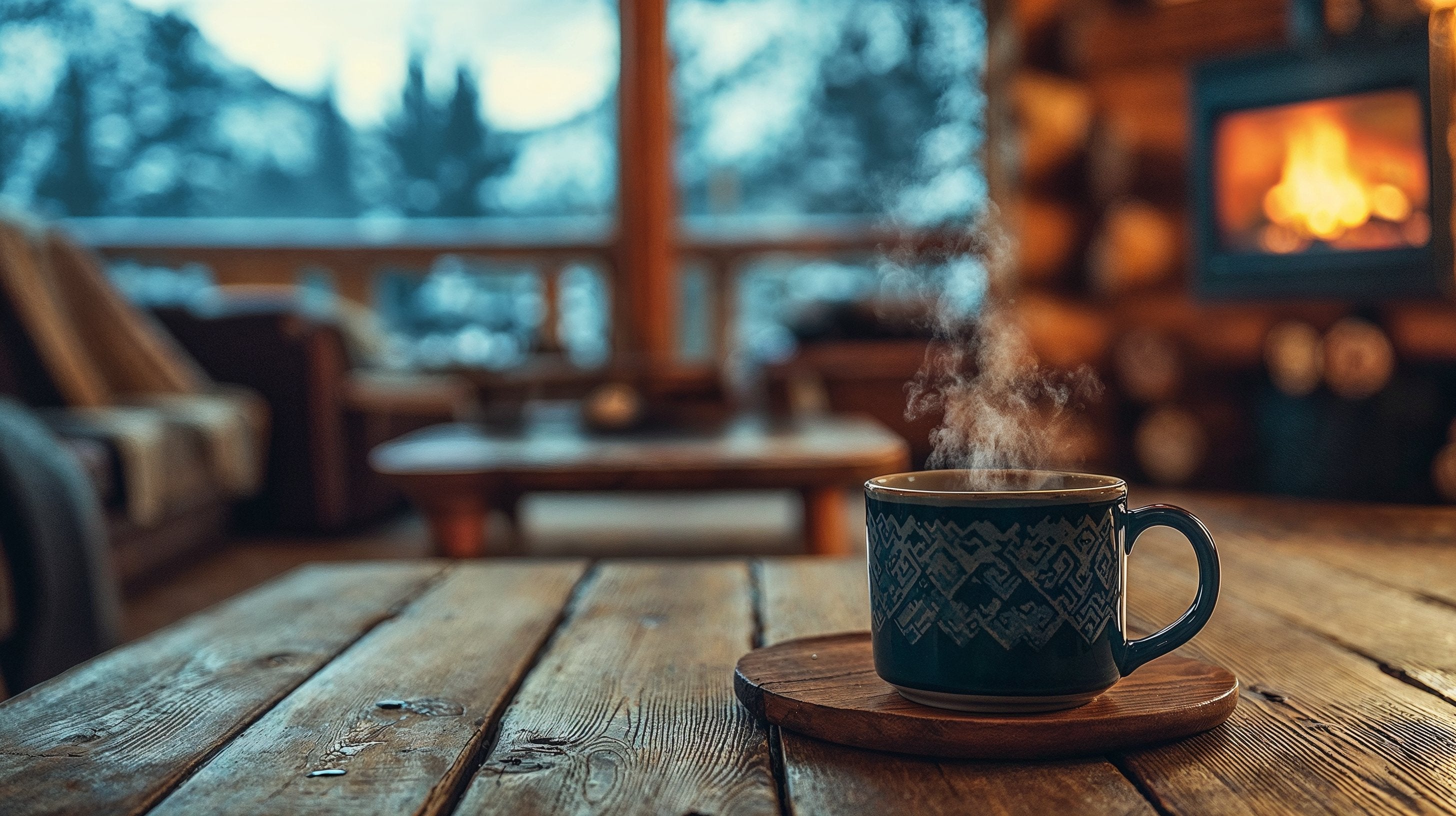Geschenk für Teeliebhaber Bild. Eine Tasse Tee vor einem Kamin
