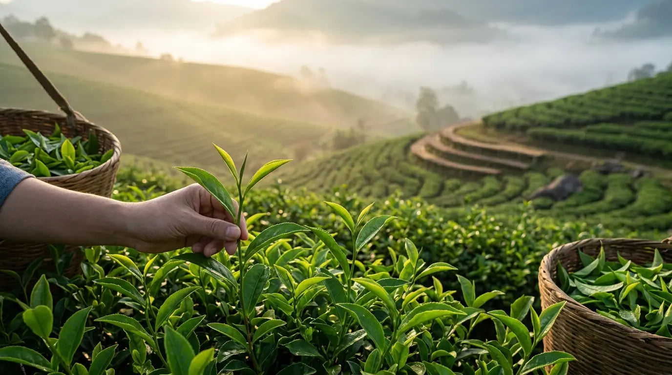 Eine Hand pflückt sorgfältig zwei Blätter und eine Knospe einer frischen Camellia sinensis Teepflanze in einer sonnendurchfluteten, nebligen Teeplantage bei Sonnenaufgang.