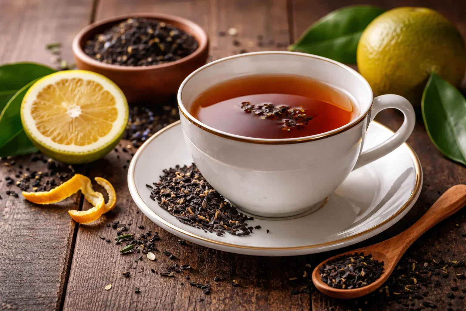 Tasse Earl Grey Tee mit Bergamotte auf Holztisch