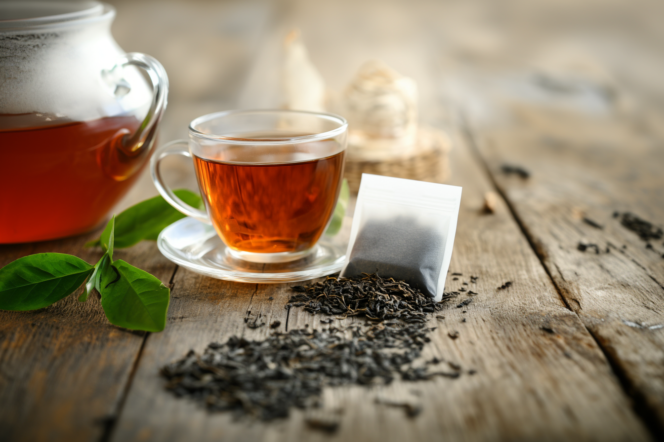 tee im Beutel oder loser Tee. Eine Teetasse mit losem Tee davor