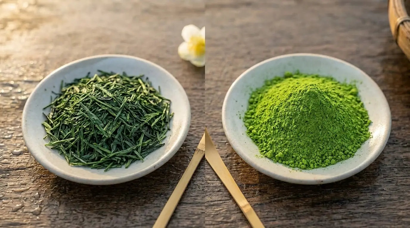 Ein direkter visueller Vergleich zwischen losem grünen Blatt-Tee (Sencha) auf der linken Seite und feinstem, leuchtend grünem Matcha-Pulver auf der rechten Seite, angerichtet auf kleinen Keramiktellern.