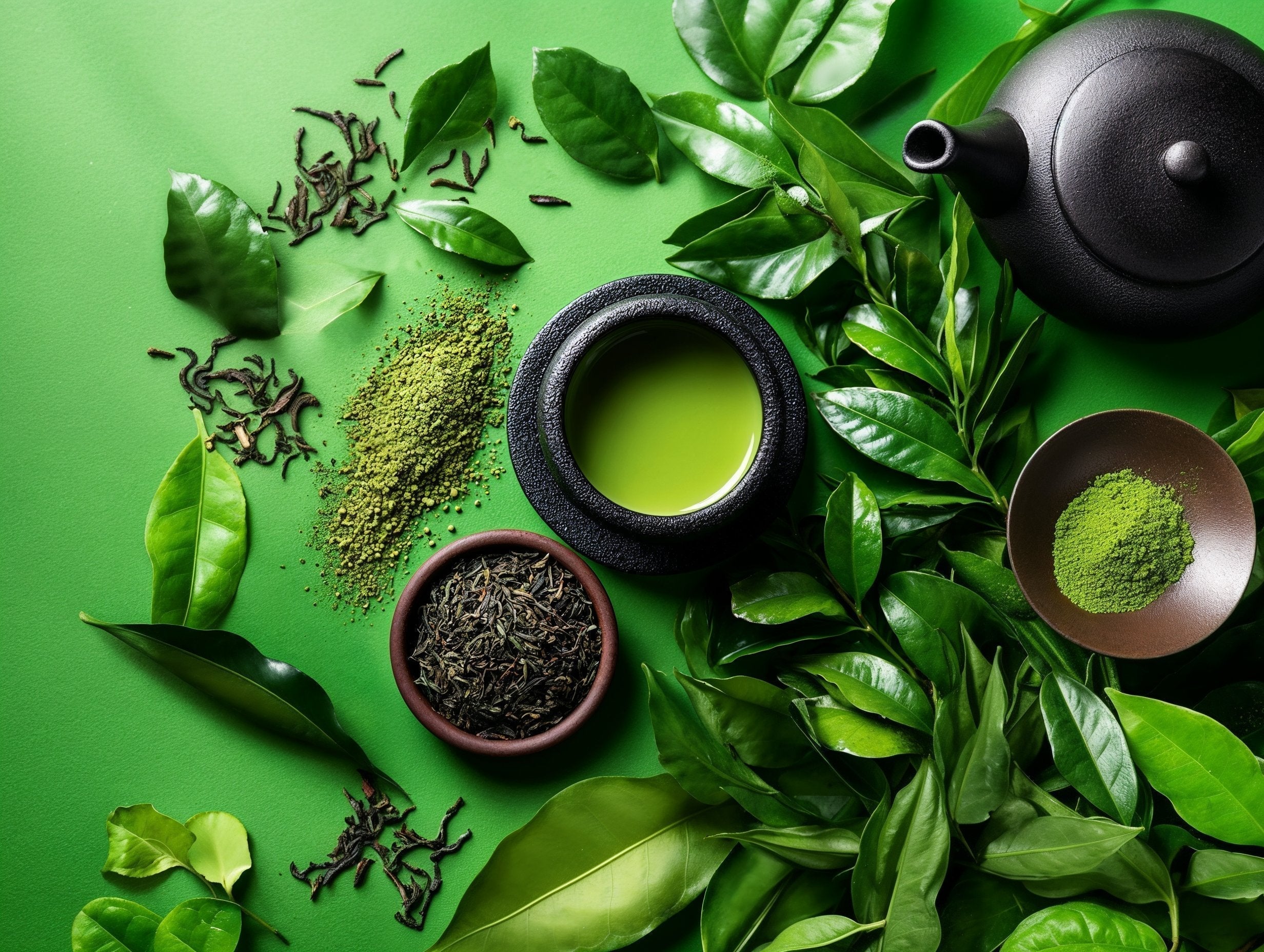 warum wird grüner tee bitter? Eine Tasse grüner Tee auf einem grünen Hintergrund mit Blättern drumherum