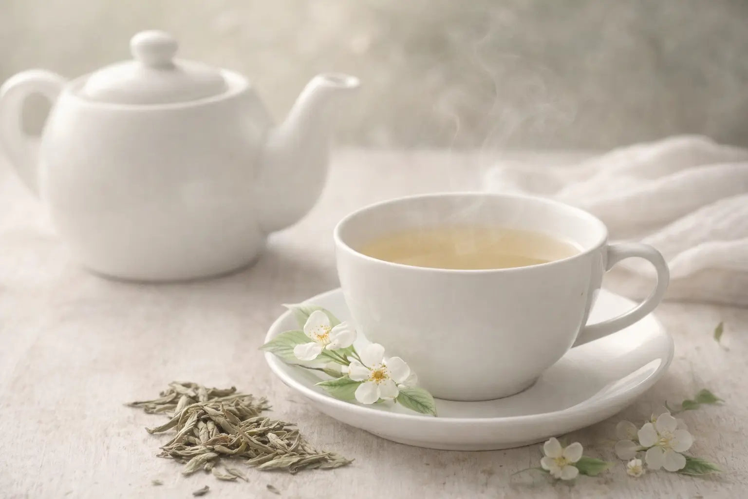 Weißer Tee mit niedrigem Koffeingehalt in einer Teetasse, serviert mit losen Teeblättern