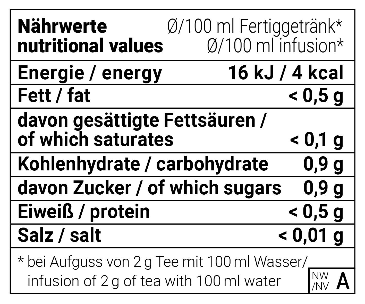 Nährwerttabelle von dem Cold Brew Tee Floragold Pfirsich