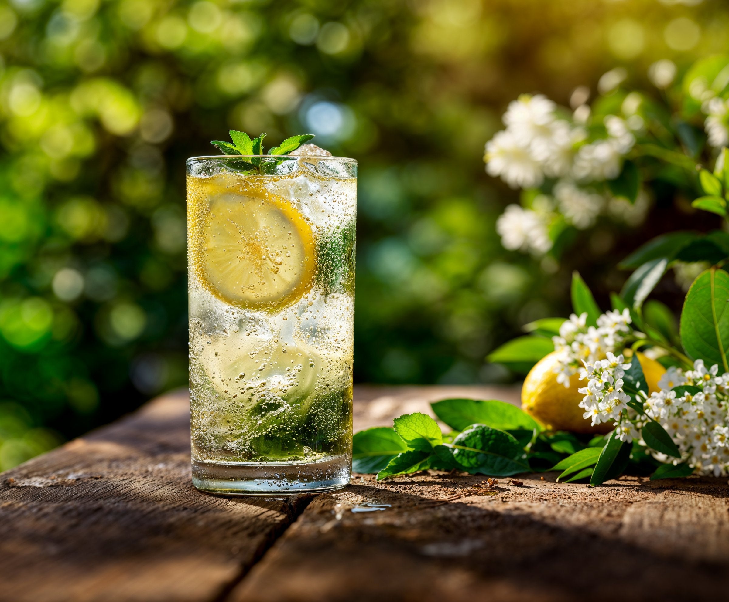 Ein Glas mit Floragold Cold Brew Zitrone steht auf einem Tisch neben Blumen und einer Zitrone