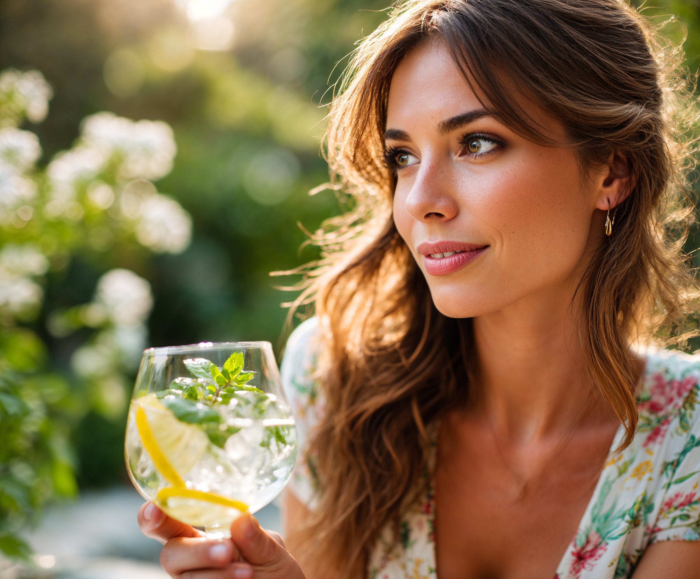 Eine Frau trinkt ein Glas Floragold Cold Brew Zitrone
