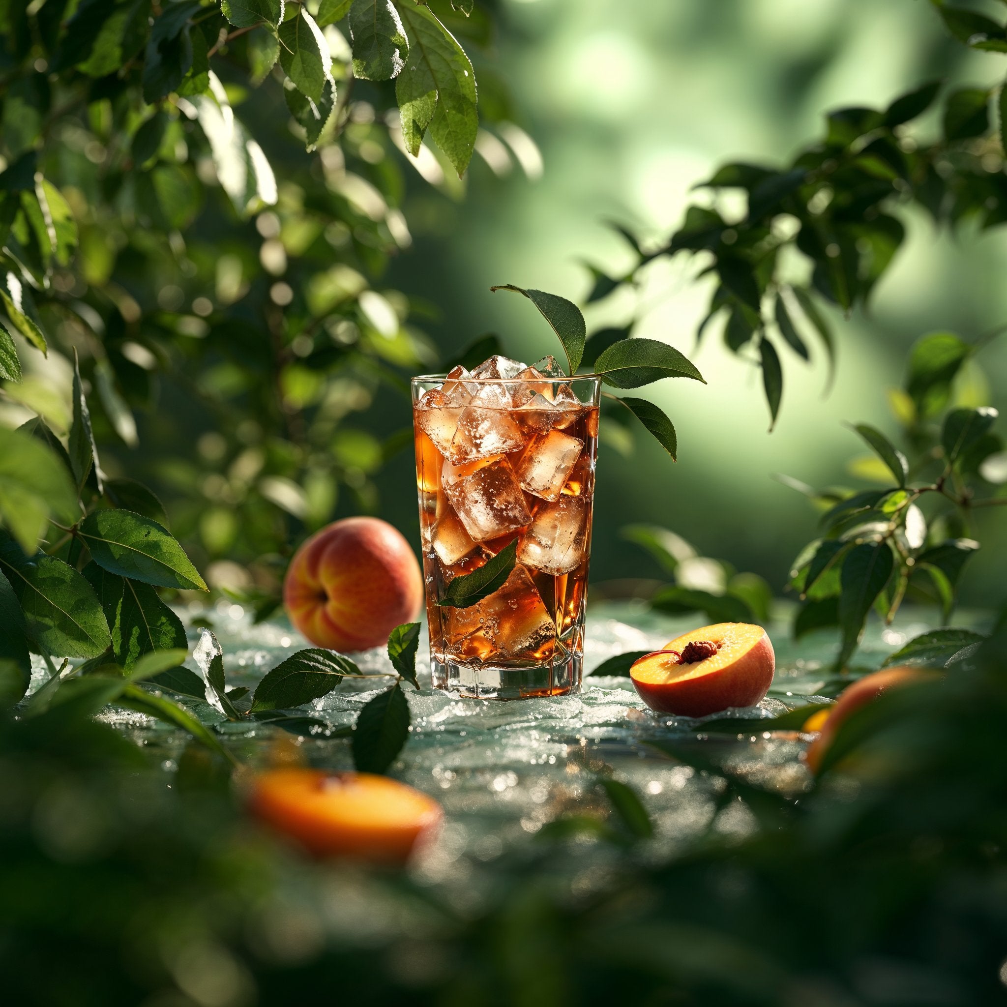 Ein Glas mit Floragold Cold Brew Eistee Pfirsich umgeben von Eis, Pfirsichen und Blättern