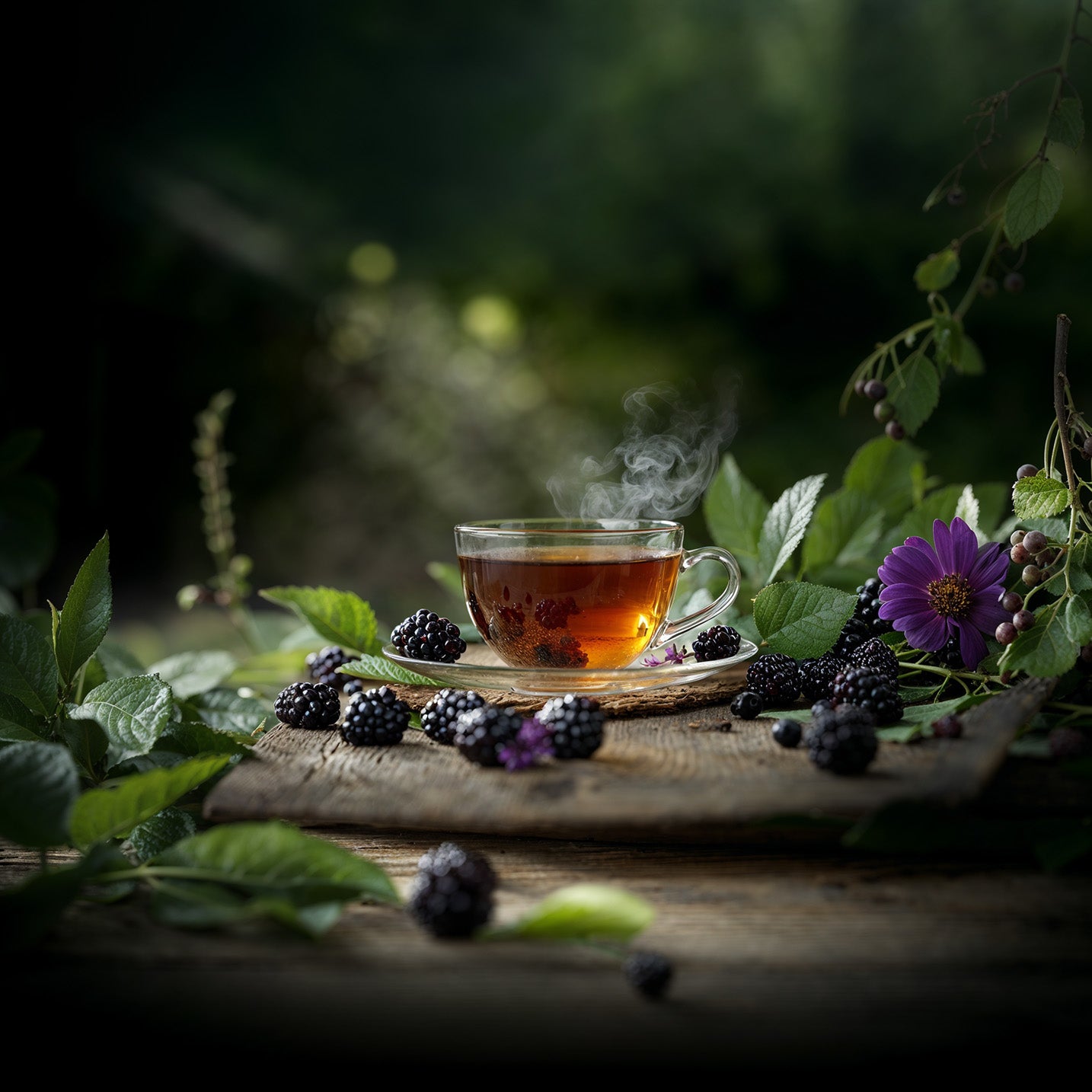 Ein Tee umgeben von Beeren und Blättern