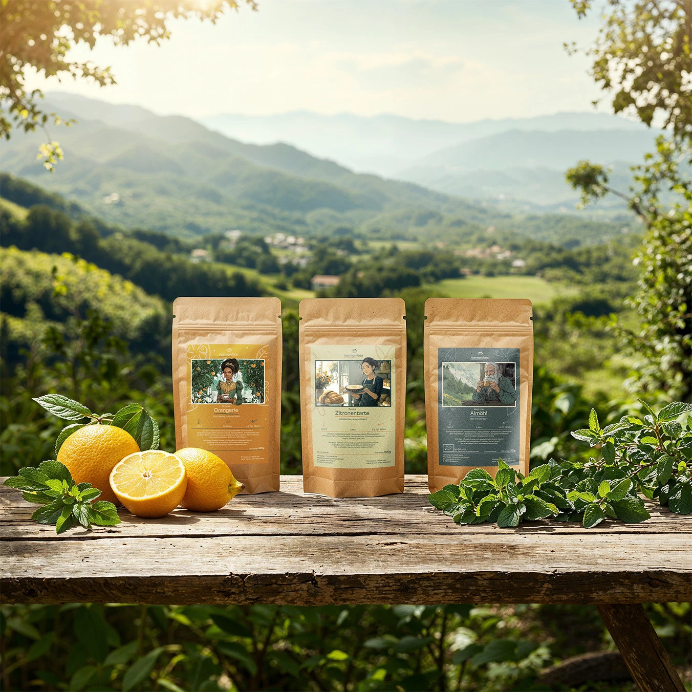 Harmonitea Geschenkartikel für Wiederverkäufer auf einer Bank