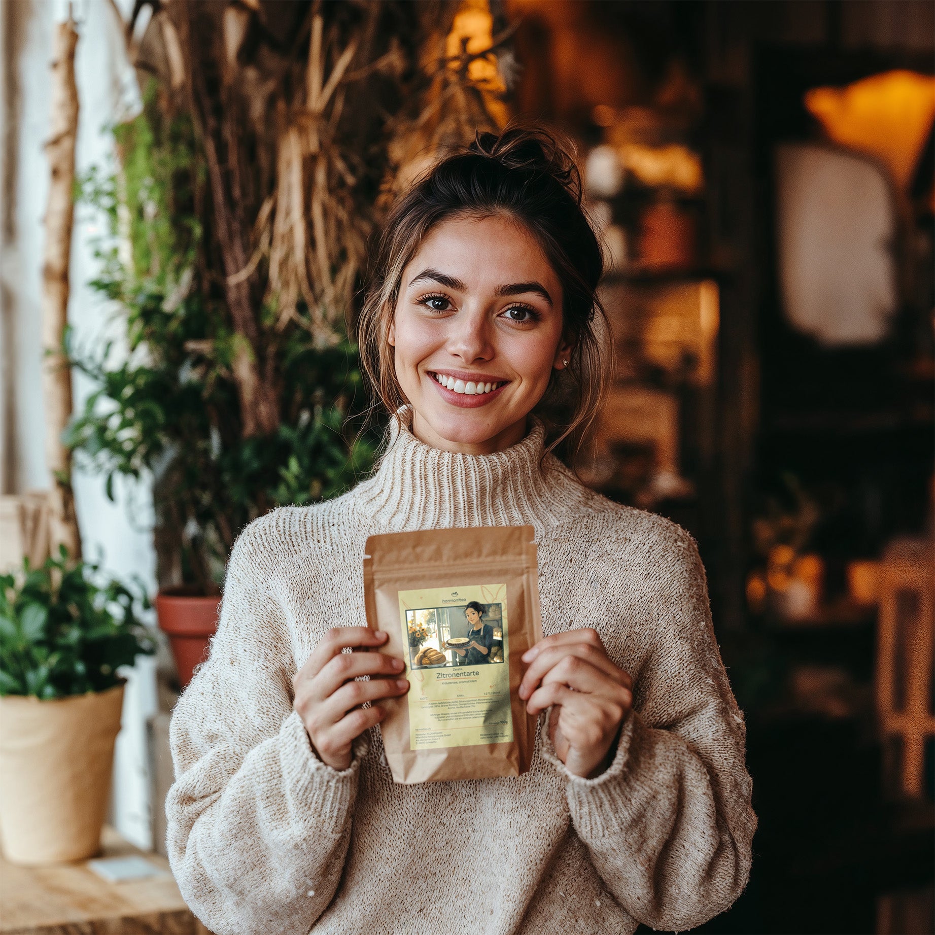 Eine Frau hält einen Beutel Tee vom Großhandel Harmonitea in der Hand