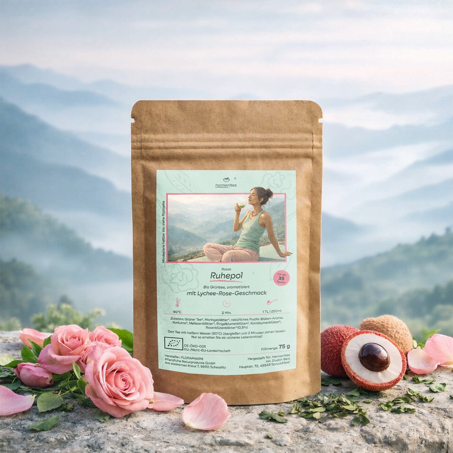 Eine Verpackung von Rosas Ruhepol, dem Bio Grüntee mit Lychee Rose Geschmack auf einem Stein umgeben von Rosenblätter und Litschis