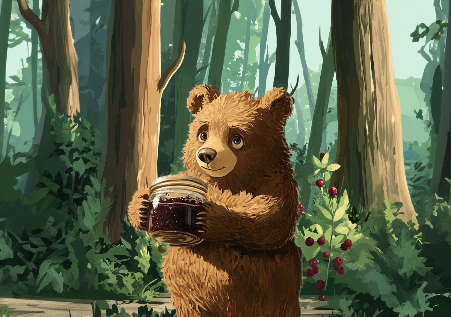 Eine Karikatur von Murmel dem Marmeladenbär im Wald