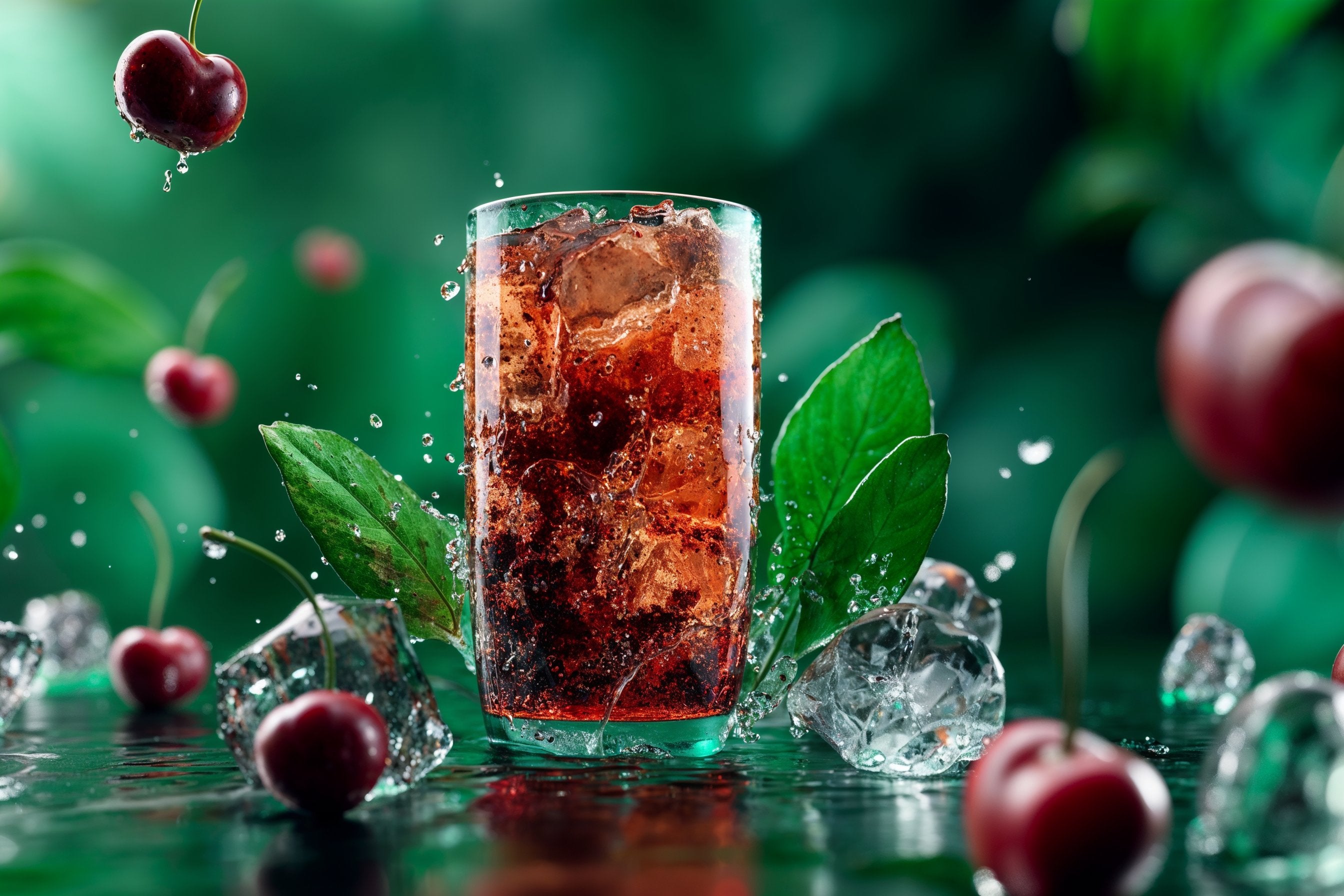 Ein Glas mit Cold Brew Kirsch Cassis von Floragold mit Eis
