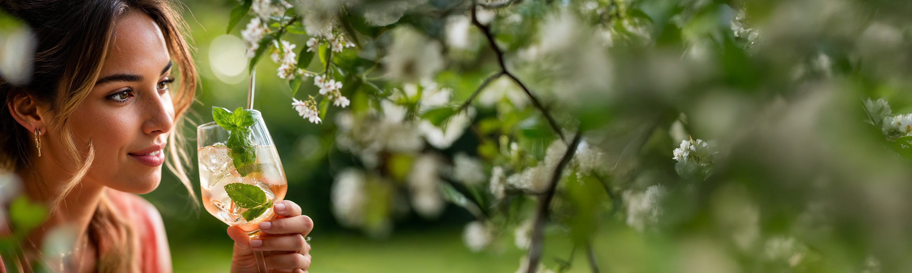 Eine Frau trinkt einen Floragold Cold Brew Mocktail aus einem Glas