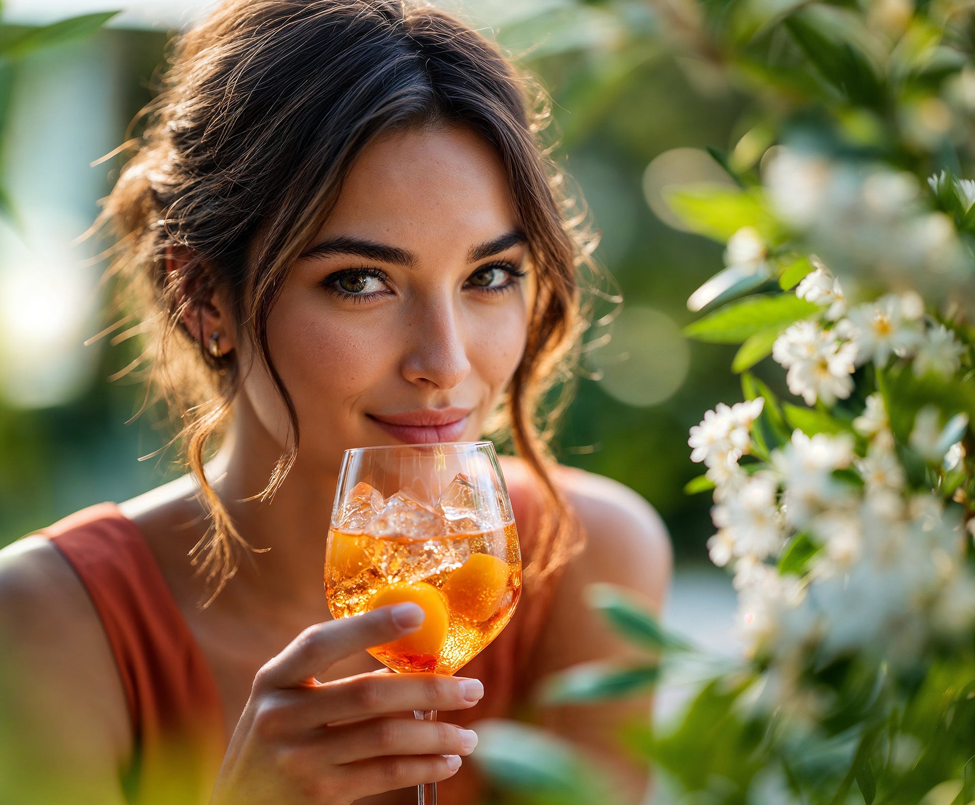 Eine Frau trinkt den Cold Brew Touch Down aus einem Glas mit Eiswürfeln drinnen.