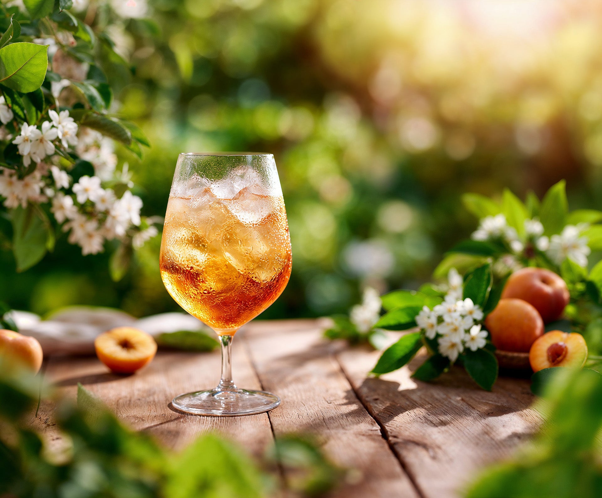 Ein Glas mit Floragold Cold Brew Touch Down und Eiswürfeln steht auf einem Tisch. Pfirsiche und Blumen liegen drumherum.