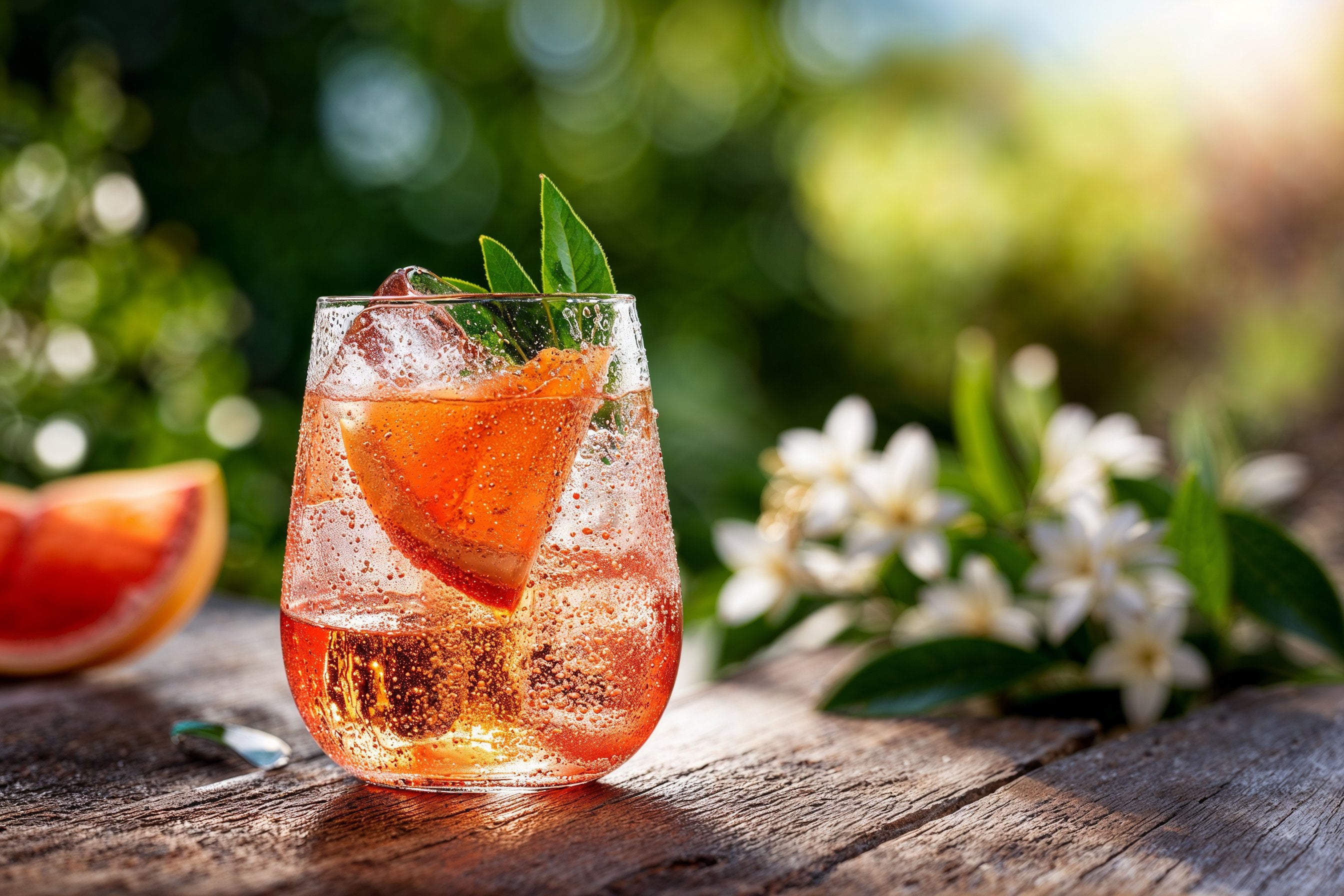 Florapharm Cold Brew Spritz Cold Brew Mocktail. Eistee in einem Glas mit Eiswürfeln und Blutorange
