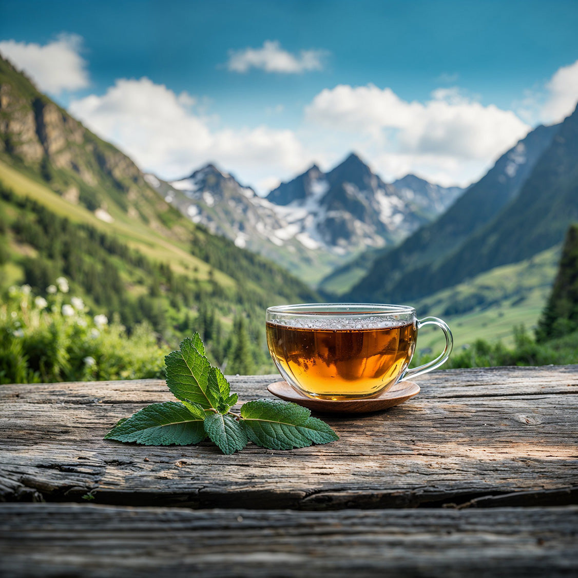 Eine Tasse Kräutertee mit Minze auf einem Brett