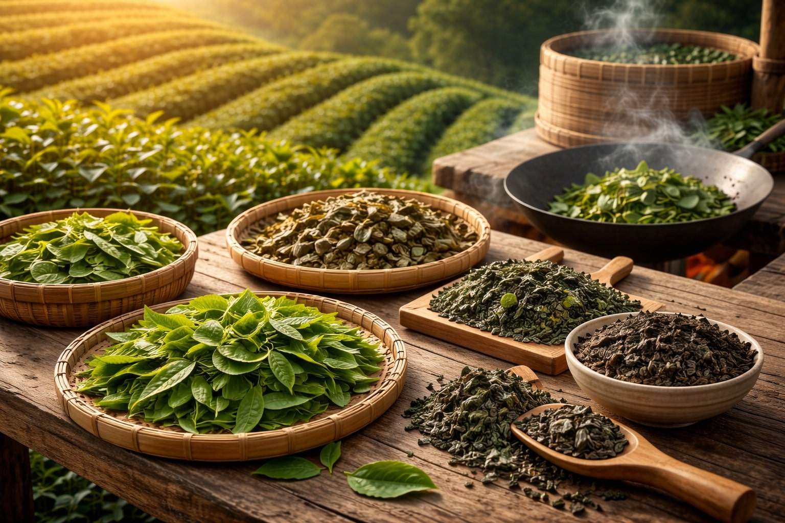 Verschiedene Verarbeitungsstufen der Teeherstellung – frische Teeblätter, gewelkte Blätter und getrockneter Tee während der Verarbeitung