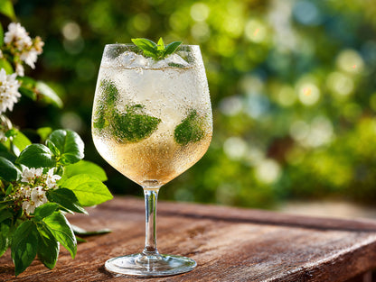 Ein Glas mit einem Cold Brew Eistee Basilikum Spritz von Floragold