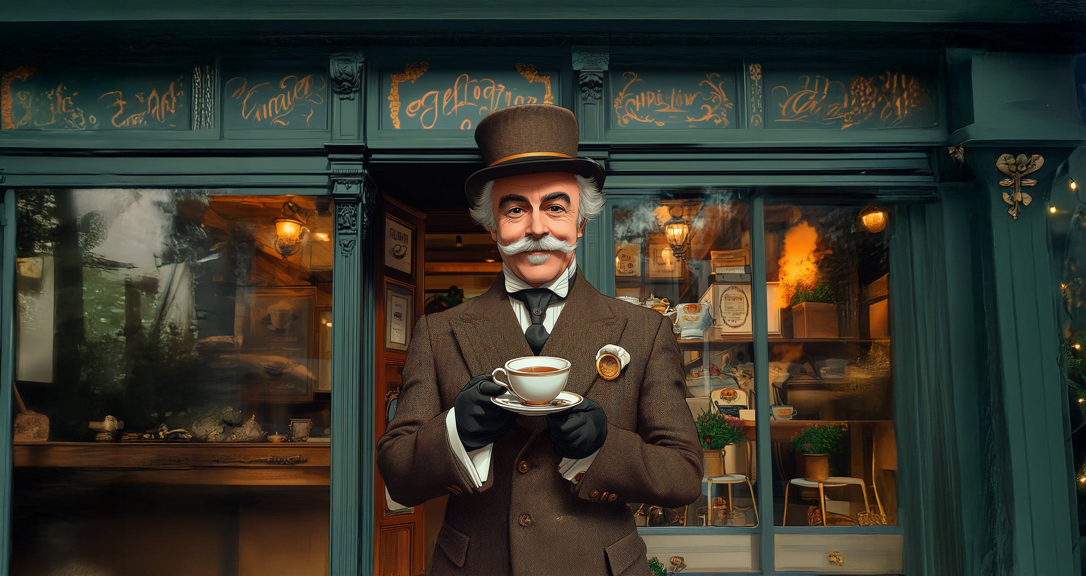 Eine Charikatur eines Englischen Lords der eine Tasse Tee vom Teegroßhandel Harmonitea in der Hand hält