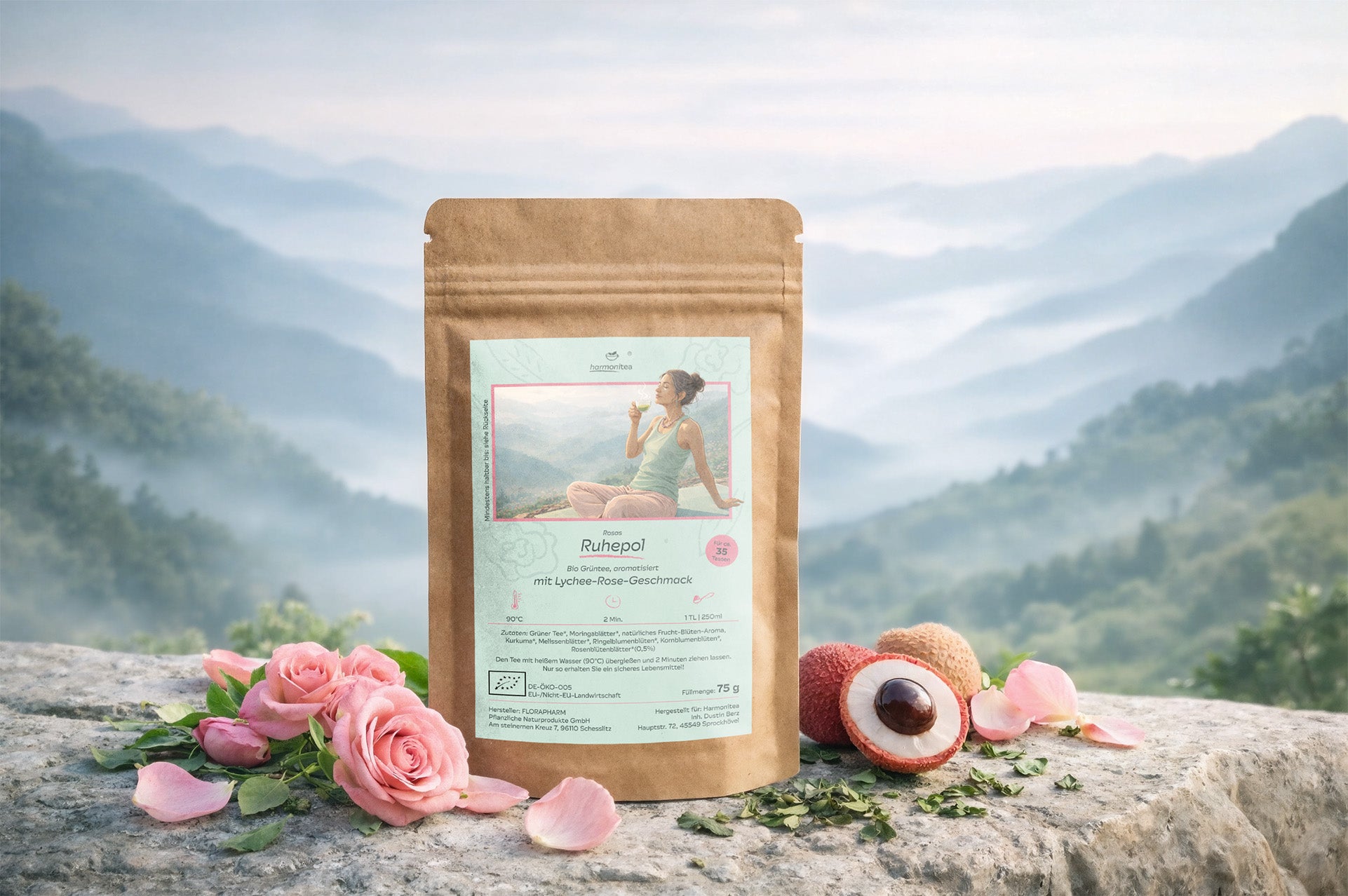 Bio Grüntee Rosas Ruhepol in umweltfreundlicher Verpackung, umgeben von getrockneten Rosenknospen und exotischen Litschi-Früchten.