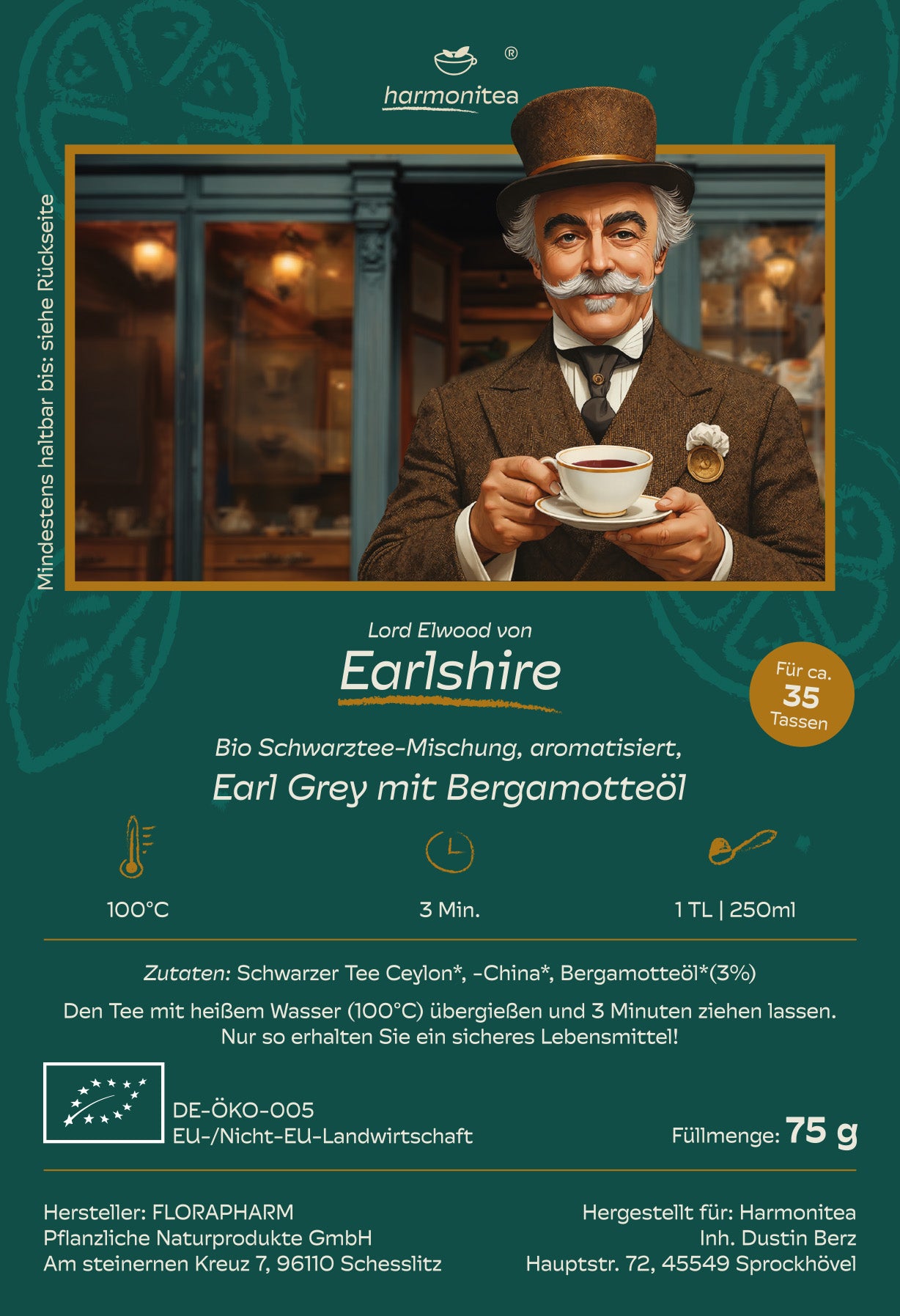 Etikett von Lord Elwood von Earlshire Bio Earl Grey mit Bergamotteöl
