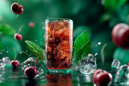 Ein Glas mit Cold Brew Kirsch Cassis von Floragold mit Eis