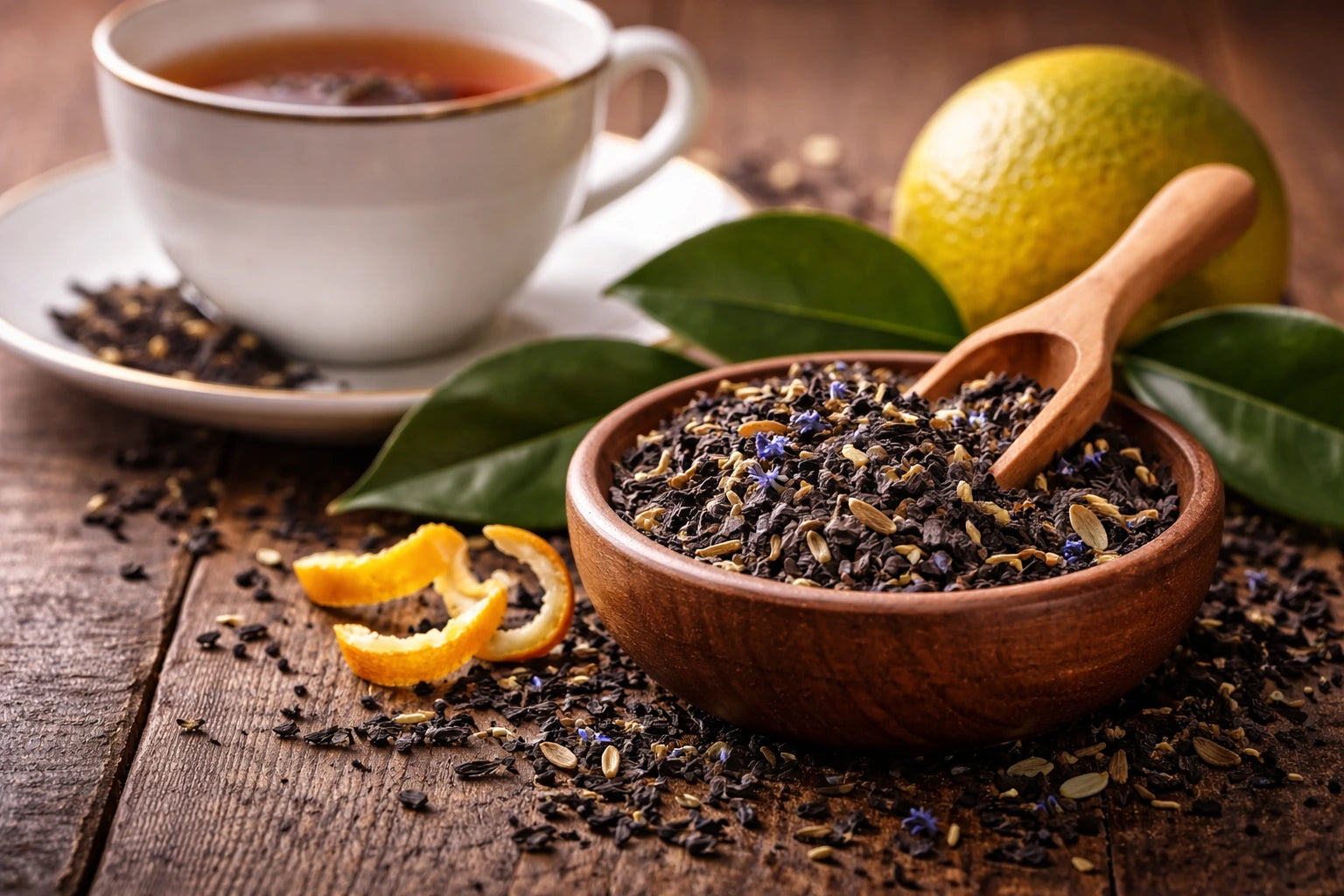 Loser Earl Grey Tee mit Schwarzteeblättern und Bergamotte neben einer Tasse frisch aufgebrühtem Tee