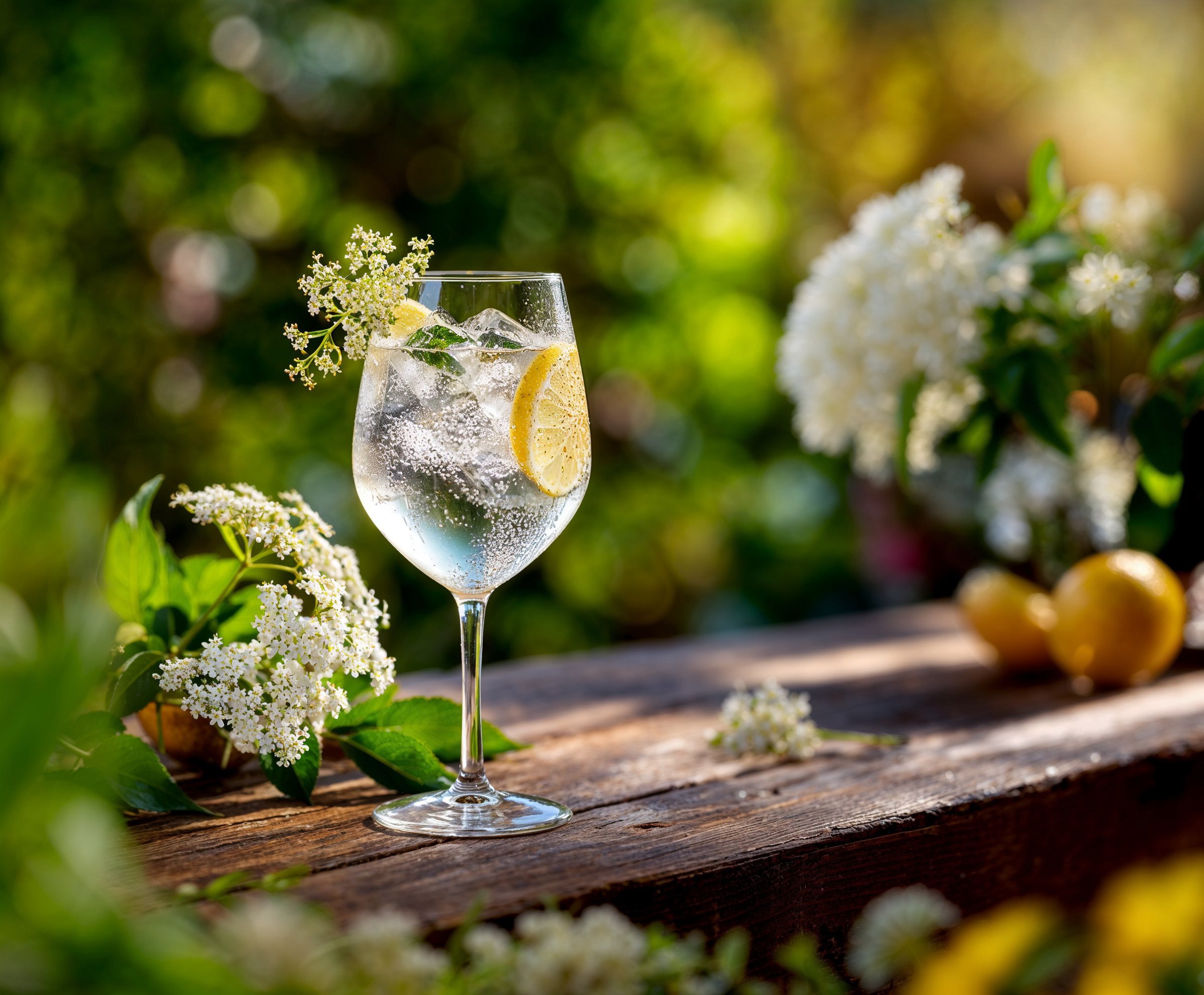 Ein Glas mit Floragold Cold Brew Holunder Secco mit Eis als Mocktail. Das Glas steht auf einem Tisch. Daneben liegen Blumen und Zitronen