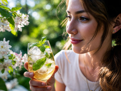 Floragold Cold Brew Basilikum Spritz in einem Glas mit Eiswürfeln gehalten von einer Frau an einem sommerlichen Tag