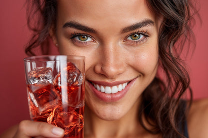Eine Frau hält ein Glas Floragold Cold Brew Kirsch Cassis in der Hand