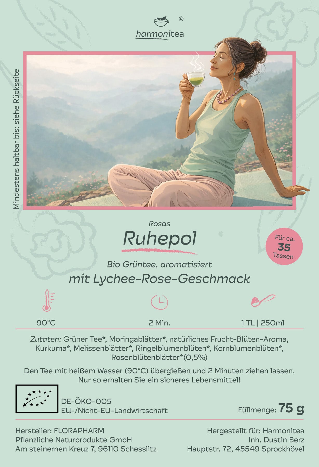 Etikett von Rosas Ruhepol Bio Grüntee mit Litschi Rose Geschmack
