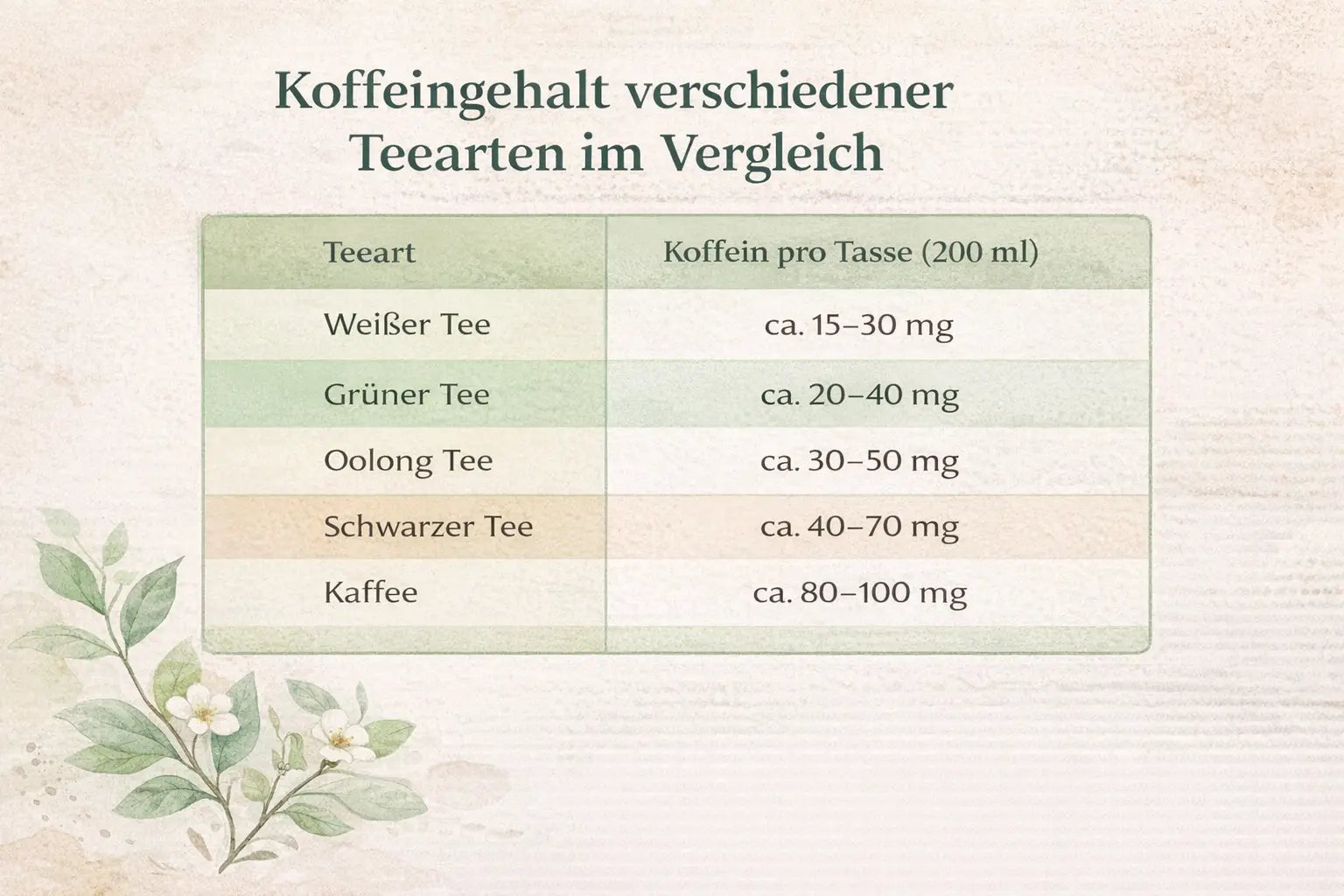 Koffeingehalt im Vergleich: Weißer Tee, grüner Tee, Oolong Tee, schwarzer Tee und Kaffee pro Tasse